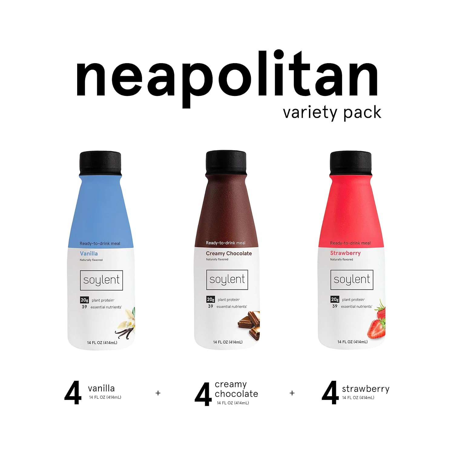 Soylent Complete Nutrition Gluten-Free Vegan Protein Meal Replacement Shake Neapolitan Variety Pack, 14 Oz, 12 Pack : Grocery & Gourmet Food