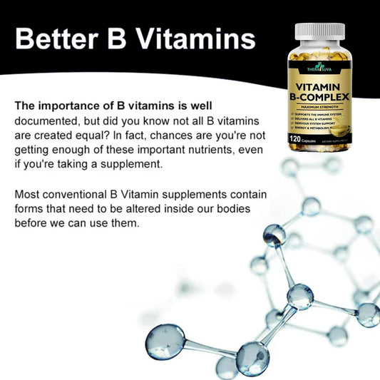 Max Strength Vitamin B-Complex + Coq10 + Vitamin C - Natural Supplement For Energy, Metabolism Support, 120 Softgels, 60 Day Supply