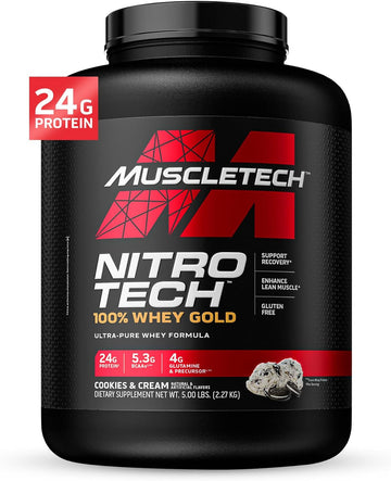 Muscletech Whey Protein Powder (Cookies & Cream, 5Lb) - Nitro-Tech Whey Protein Isolate Smoothie Mix For Lean Muscle & Fast Recovery - 24G Of Whey Gold Protein For Women & Men - Gluten-Free