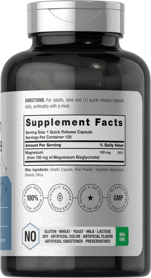 Horbäach Magnesium Bisglycinate | 120 Capsules | 750mg | Non-GMO and Gluten Free Supplement