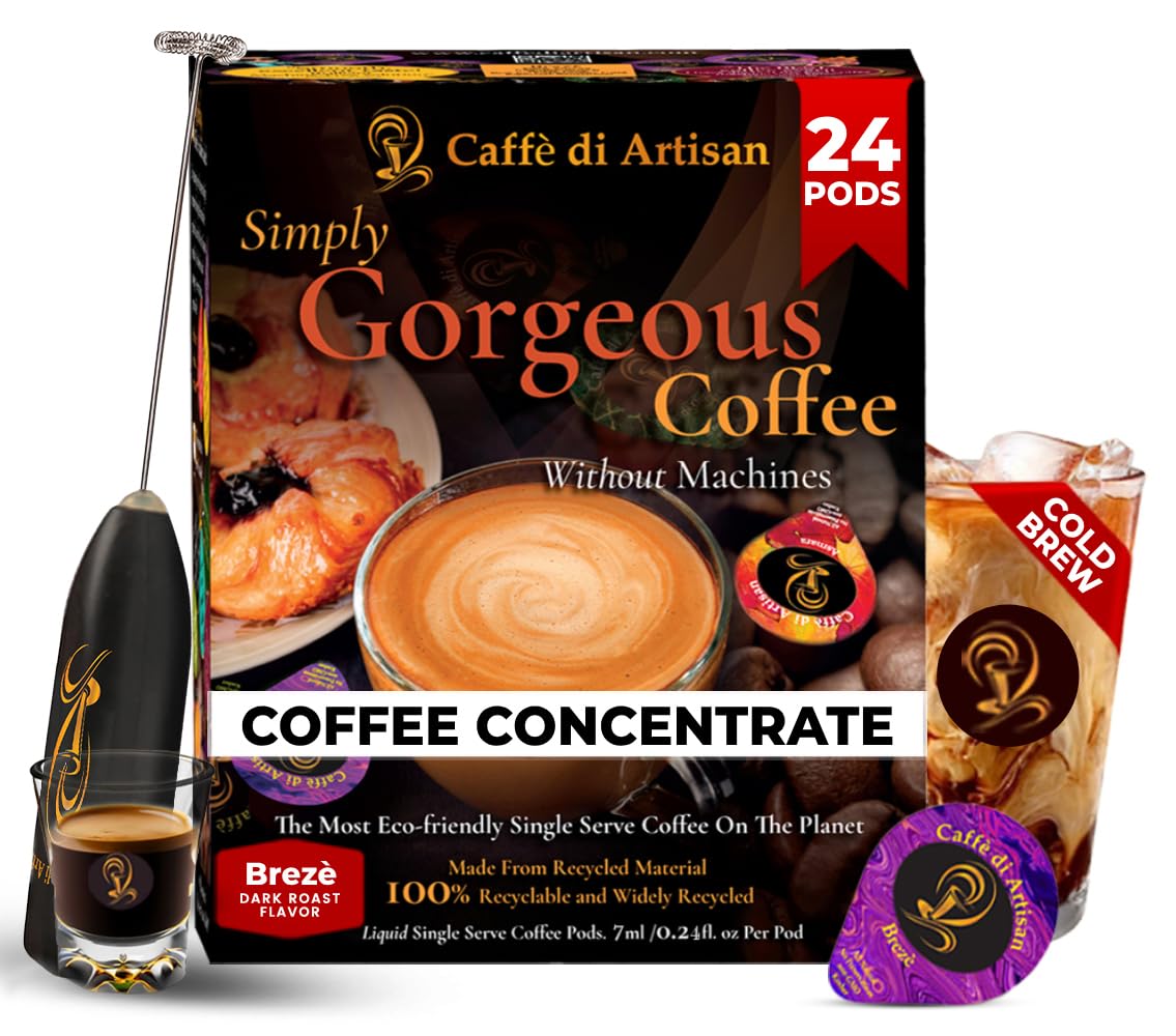 Caffè Di Artisan Liquid Coffee Pods – Premium Single-Serve Coffee For Cold Brew Concentrate, Iced Coffee & Hot Coffee – Machine-Free, Eco-Friendly, Ready In Seconds. Rich Brezè Arabica, Dark Roast With Frother – 24 Count