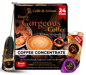 Caffè Di Artisan Liquid Coffee Pods – Premium Single-Serve Coffee For Cold Brew Concentrate, Iced Coffee & Hot Coffee – Machine-Free, Eco-Friendly, Ready In Seconds. Rich Brezè Arabica, Dark Roast With Frother – 24 Count