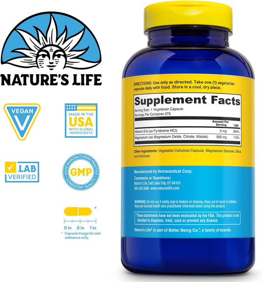 Nature’S Life Renewing Magnesium 500 Mg - Magnesium Citrate, Magnesium Malate, Magnesium Oxide Plus Vitamin B-6 - Muscles And Nerves Support - Lab Verified - 275 Servings, 275 Vegcaps