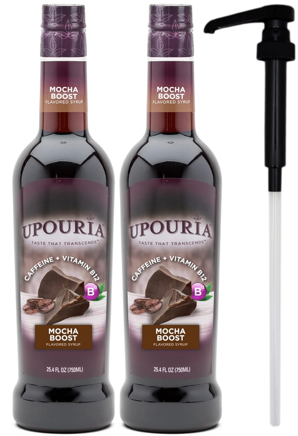 Upouria Mocha Boost Coffee Syrup Flavoring, 100% Vegan, Gluten-Free, Kosher, 750 mL Bottle (Pack of 2) with 1 Syrup Pump