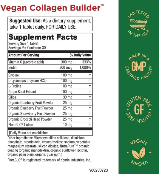 Vegan Collagen Builder - Organic Whole Foods Fruits + Veg, Silica, Lutein, Vitamin C, Biotin, Grape Seed - Amino Acids Glycine, Lysine + Proline Collagen Boosters - Once A Day - 30 Tablets