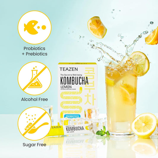 Teazen Kombucha Lemon, Peach Flavor 2 Pack With Classic Eco Bottle (Kombucha Powder 20 Sticks, Eco Bottle 1Ea X 11.8Oz)