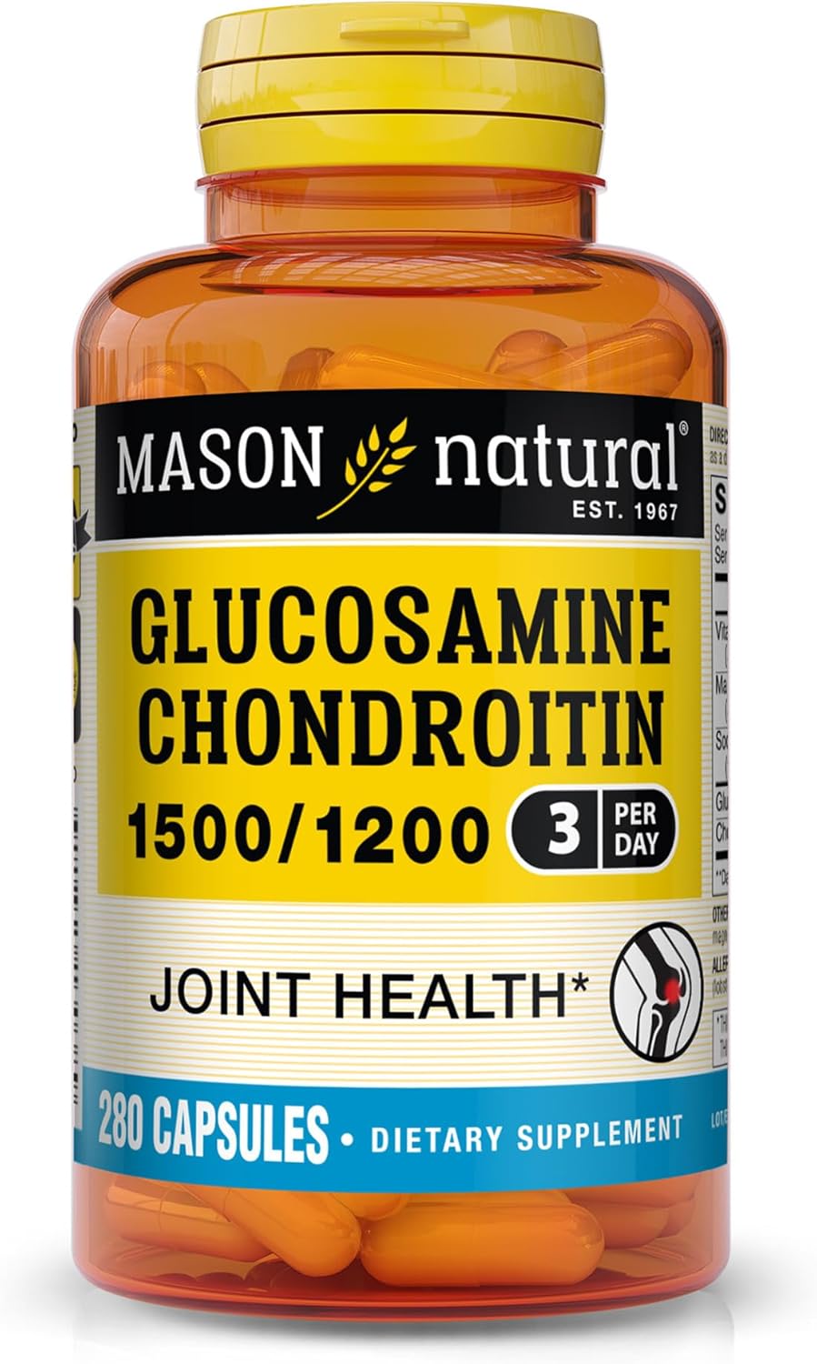 Mason Natural Glucosamine Chondroitin 1500/1200 3 Per Day With Vitamin C - Supports Joint Health, Improved Flexibility And Mobility*, 280 Capsules