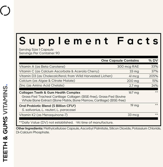 Codeage Teeth & Gums Vitamins + Oral Probiotics Supplement For Mouth - Whole Food Calcium, Collagen, Potassium, Vitamin C, D3, K2, Zinc – Oral Care & Dental Multivitamin Supplements - 90 Capsules