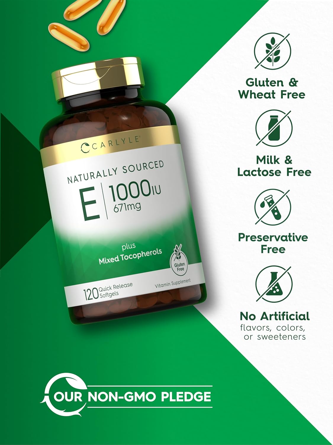 Carlyle Vitamin E Plus Mixed Tocopherols | 1000 IU (671mg) | 120 Softgels | Non-GMO and Gluten Free Formula | Naturally Sourced Vitamin E Supplement : Health & Household