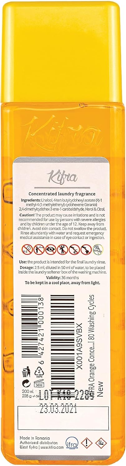 KIFRA ORANGE Concentrated Laundry Fragrance 6.76 Fl Oz 200ml 80 Washing Cycles