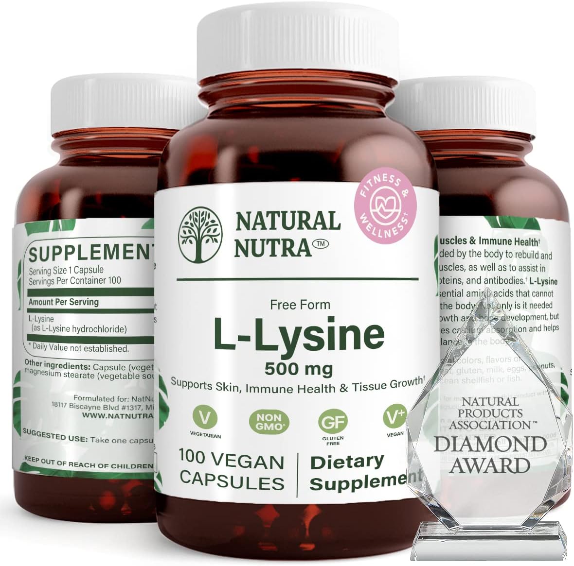 Natural Nutra L Lysine HCl, Promotes Bone Health and Growth, Improve Calcium Absorption, Non-GMO, Vegan, 500 mg, 100 Capsules