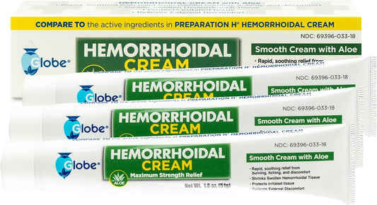 Globe (2 Pack) Hemorrhoid Cream, Relief With Aloe, (1.8 Ounce Tube) Relief From Hemorrhoids, Piles, Itching, Burning, Discomfort, & More