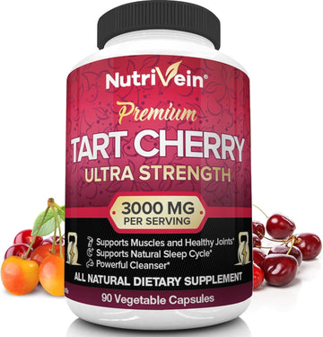 Nutrivein Tart Cherry Capsules 3000mg - 90 Vegan Pills - for Pain Relief,Pain,Muscle Recovery, Flavonoids - Uric Acid Cleanse, Juice Extract Supplement