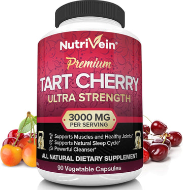 Nutrivein Tart Cherry Capsules 3000Mg - 90 Vegan Pills - For Pain Relief,Pain,Muscle Recovery, Flavonoids - Uric Acid Cleanse, Juice Extract Supplement