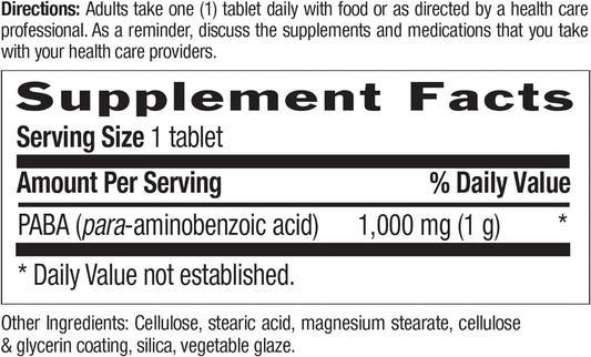 Country Life Paba, 1,000Mg, 60 Tablets, Certified Gluten Free, Certified Vegan, Certified Halal