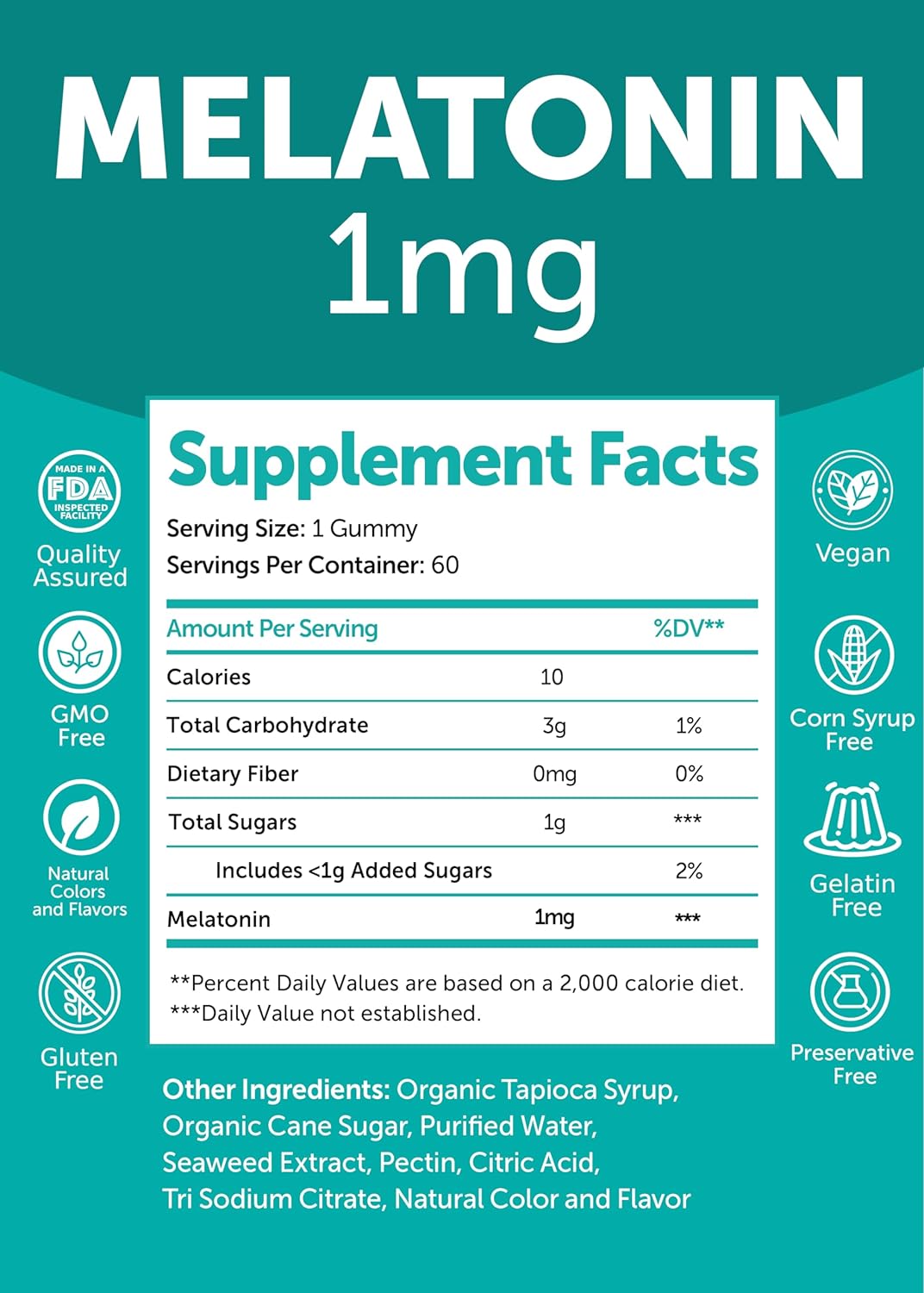 Low Dose Melatonin Gummies 1 mg - Tastiest Proprietary Formula - Non-GMO Sleep Vitamins for Adults, Kids, Toddlers - Vegan Melatonin Gummy 1mg for a Gentle Sleep - Natural Sleeping Vitamins - 60 Count : Health & Household