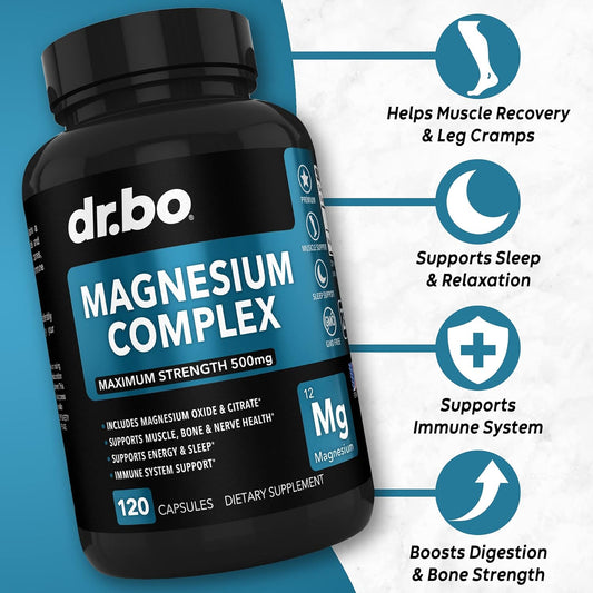 Magnesium Complex Supplement Capsules 500mg - Support Energy, Relaxation, Leg Cramps & Legs - Help Aid Muscle Support Supplements - High Absorption Premium Mag Citrate Oxide - 120 Capsules