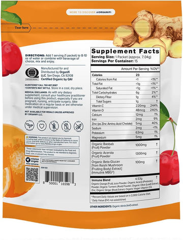 Organifi Immunity - Organic Superfood Immunity Support - 15 Single Serve Packets - Immunity Powder For T Cell Production And Upper Respiratory Health - Mushroom Beta Glucans, Vitamin C, D And Zinc