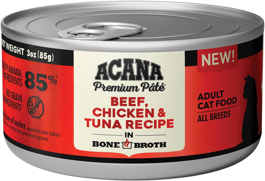 Acana Premium Pate Wet Cat Food, Beef, Chicken And Tuna Recipe In Bone Broth, 3Oz (Case Of 24)