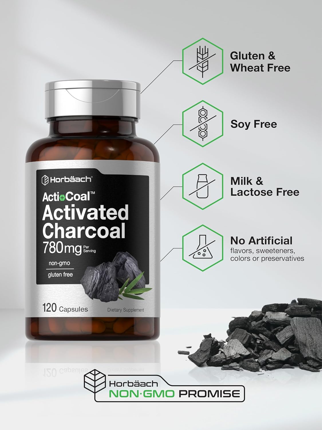 Horbäach Charcoal Pills 780mg | 120 Capsules | Activated Charcoal from Coconut Shells | Non-GMO and Gluten Free | Acti-Coal : Health & Household