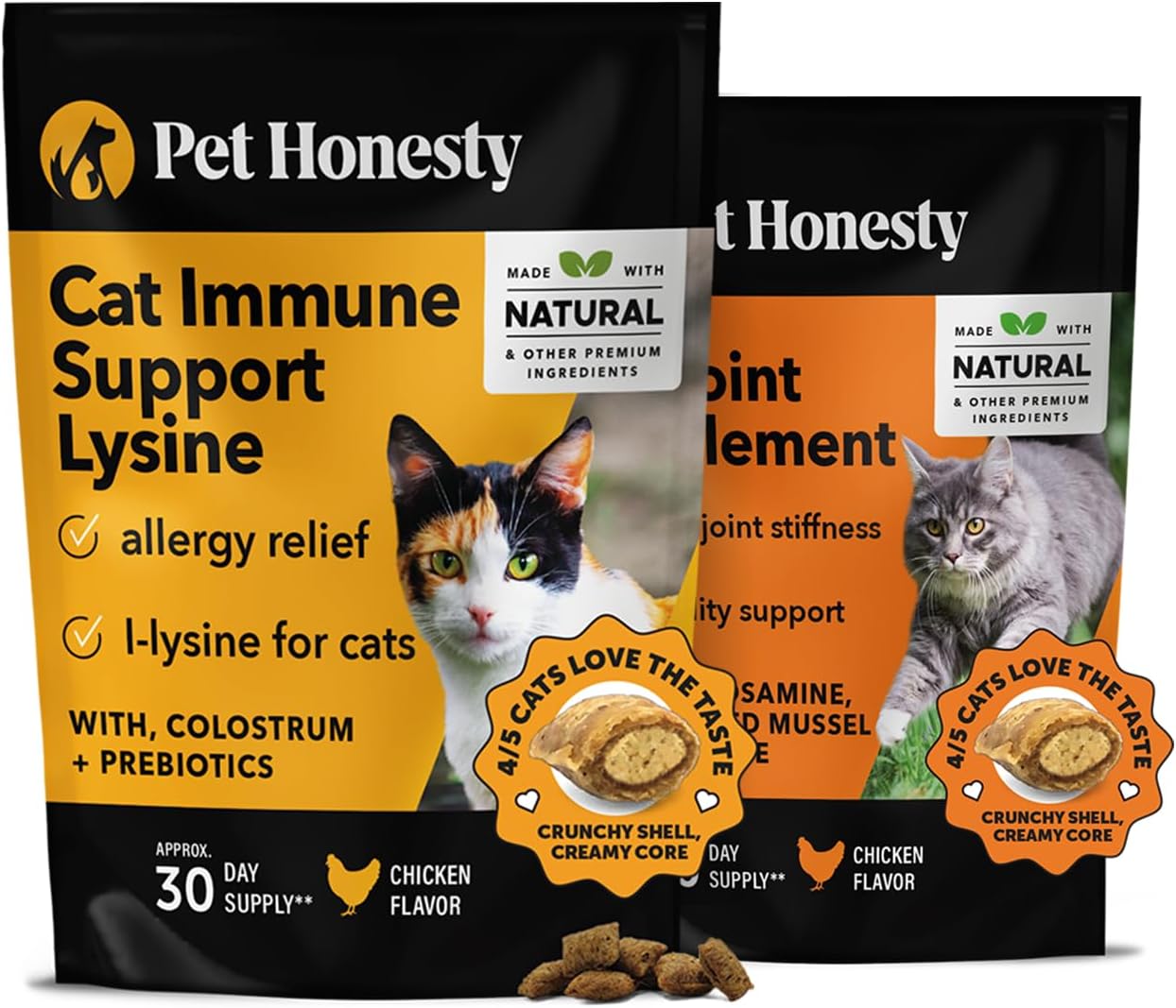 Pethonesty Cat Immune Support Lysine + Cat Hip & Joint Support Dual Texture Chew Supplement Bundle - Cat Allergy Relief - Sneezing, Runny Nose, Watery Eyes, Glucosamine Joint Support Supplement