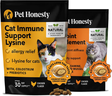 Pethonesty Cat Immune Support Lysine + Cat Hip & Joint Support Dual Texture Chew Supplement Bundle - Cat Allergy Relief - Sneezing, Runny Nose, Watery Eyes, Glucosamine Joint Support Supplement