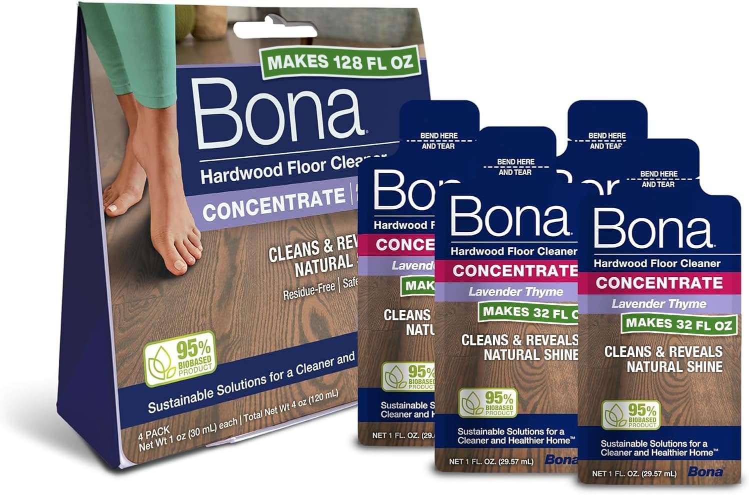 Bona Hardwood Floor Cleaner Concentrate, Lavender Thyme Scent, 1 fl oz, Pack of 4 (Makes 128 fl oz) - Residue-Free Floor Cleaning Concentrate Spray Mop and Spray Bottle Refill - For Wood Floors