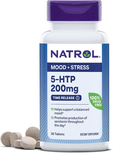 Natrol Mood + Stress 5-HTP 200mg Time Release Tablets, 30 Count, 30 Day Supply