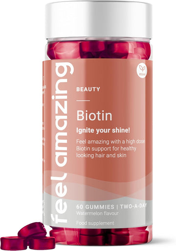 Feel Amazing Biotin Gummies - 10000µg Biotin Per Serving - Vegan - Supports Skin Function & Hair Health - Watermelon Flavour - 60 Gummies