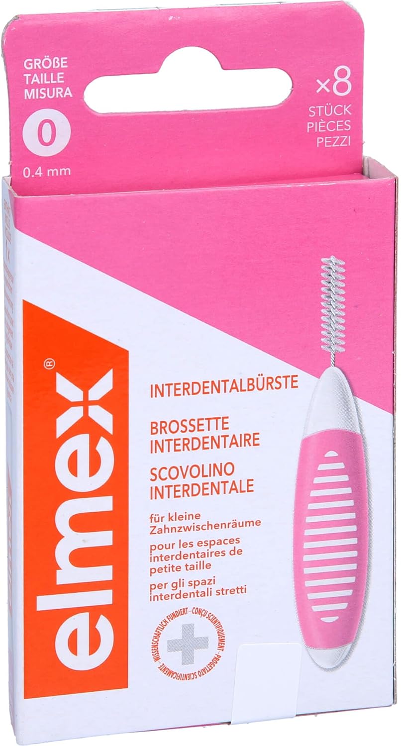 Elmex Interdental Brush Pink (Size 0, 0.40 Mm), 1 X 8 Interdental Brushes For Cleaning Small Interdental Spaces