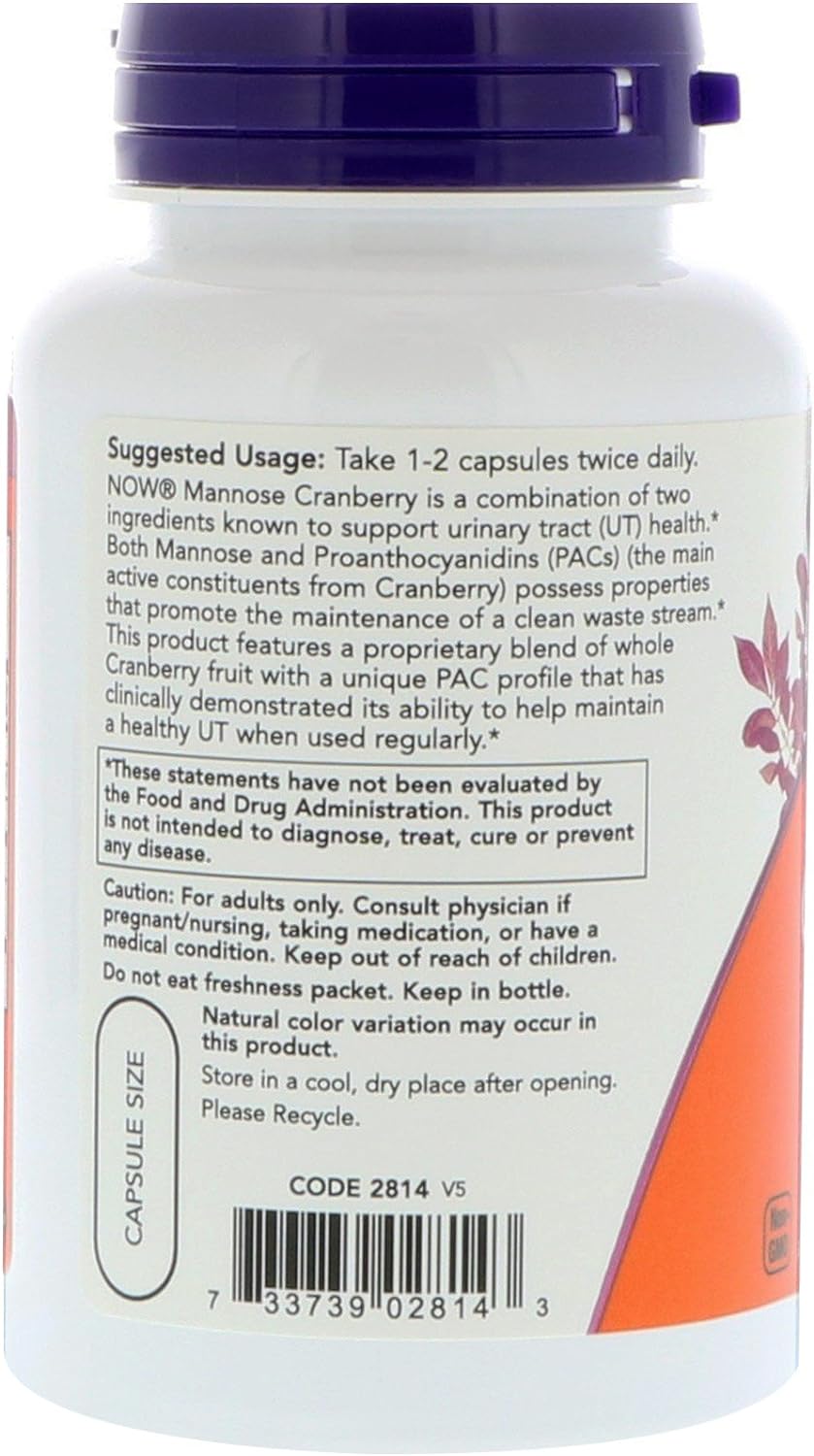 NOW Foods Supplements, Mannose Cranberry, Dual Action Formula*, Clinically Evaluated, Urinary Tract Health*, 90 Veg Capsules : Health & Household