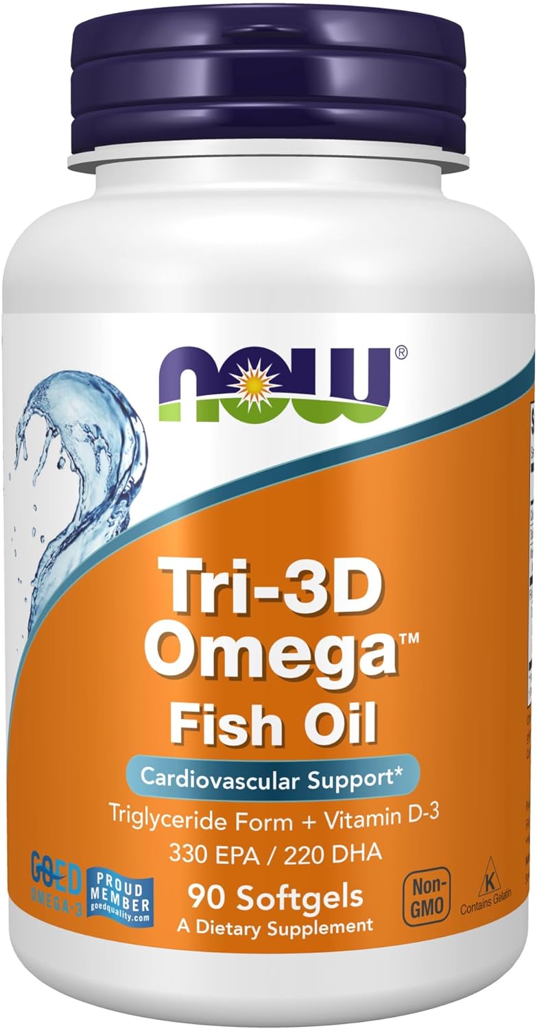 NOW Supplements, Tri-3D Omega?, Triglyceride Form of Omega-3 Fish Oil + Vitamin D-3, Molecularly Distilled, 90 Softgels