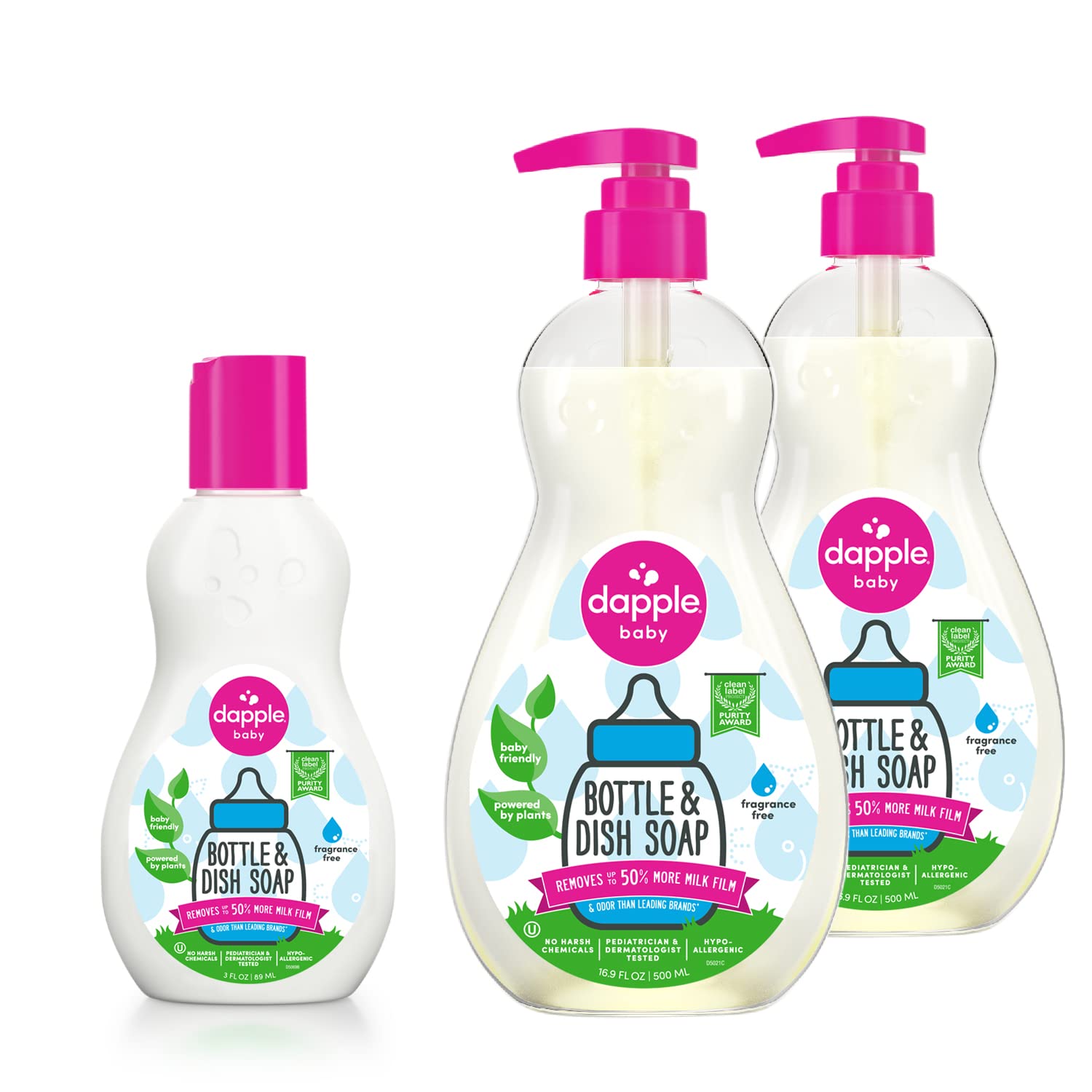 Dish Bundle By Dapple Baby Includes Baby Bottle & Dish Liquid By Dapple Baby Travel Size 3 Fl Oz, And 16.9 Fl Oz Bottle, 2 Ct., Fragrance-Free - Plant-Based - Hypoallergenic