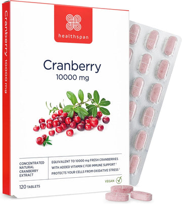 Healthspan Cranberry 10,000Mg | 120 Tablets | 10,000Mg Whole Cranberries| Support For Your Wellbeing And Immune Health | Added Vitamin C | Vegan