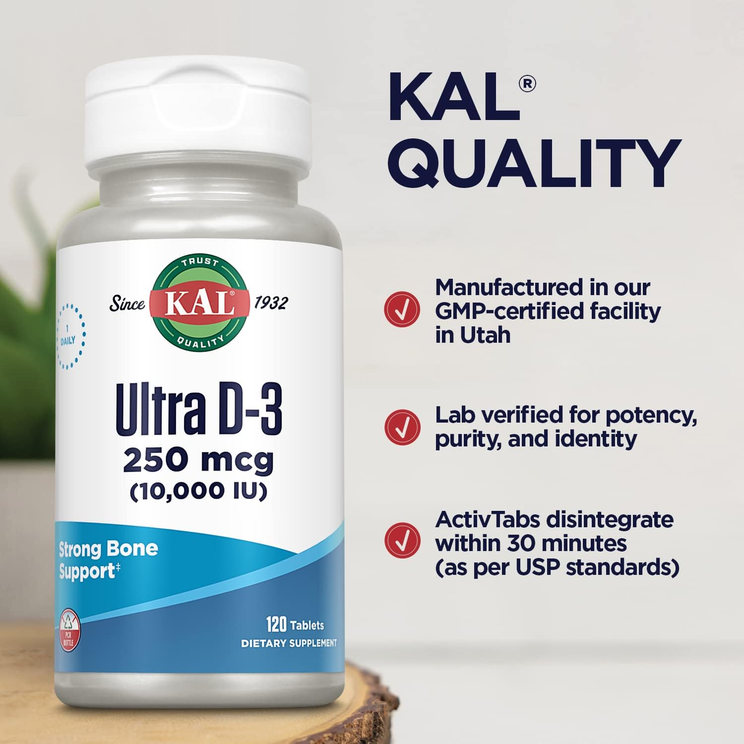 KAL Ultra Vitamin D3 10000 IU 250 mcg, High Potency Vitamin D Tablets, Calcium Absorption, Bone Health and Immune Support Supplement, Rapid Disintegration D-3 ActivTabs, 120 Servings, 120 Tablets : Health & Household