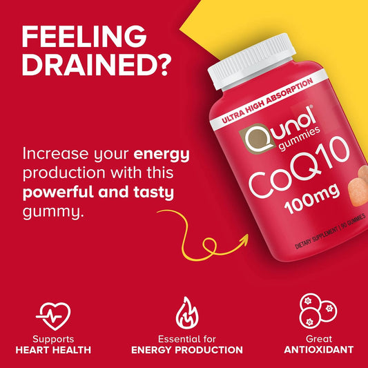 Qunol CoQ10 Gummies, CoQ10 100mg, Delicious Gummy Supplements, Coenzyme Q10 Helps Support Heart Health, Vegan, Gluten Free, Ultra High Absorption - 90 Count