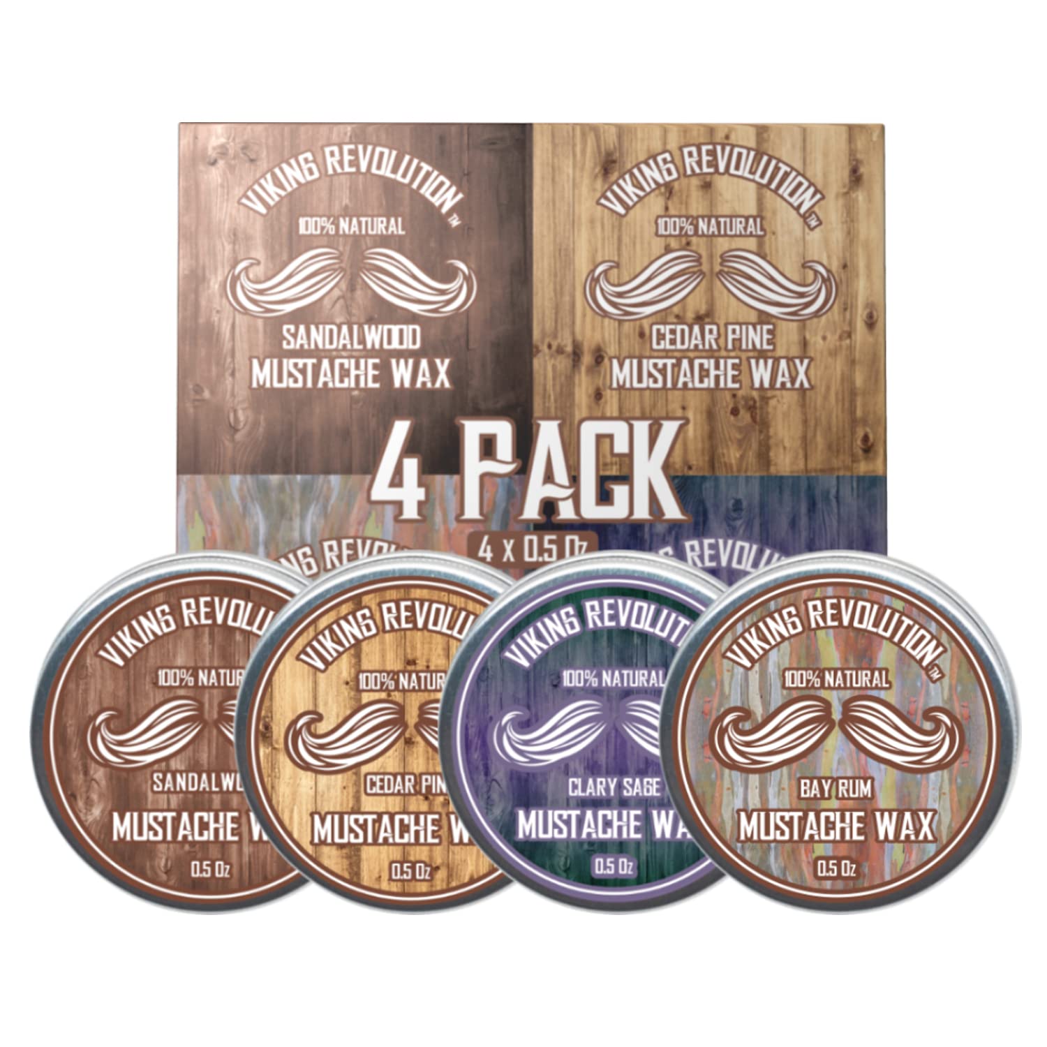 Viking Revolution Mustache Wax 4 Variety Pack - Beard & Moustache Wax for Men - Strong Hold Helps Train Tame & Style- Sandalwood, Clary Sage, Cedar Pine, Bay Rum Styles : Beauty & Personal Care