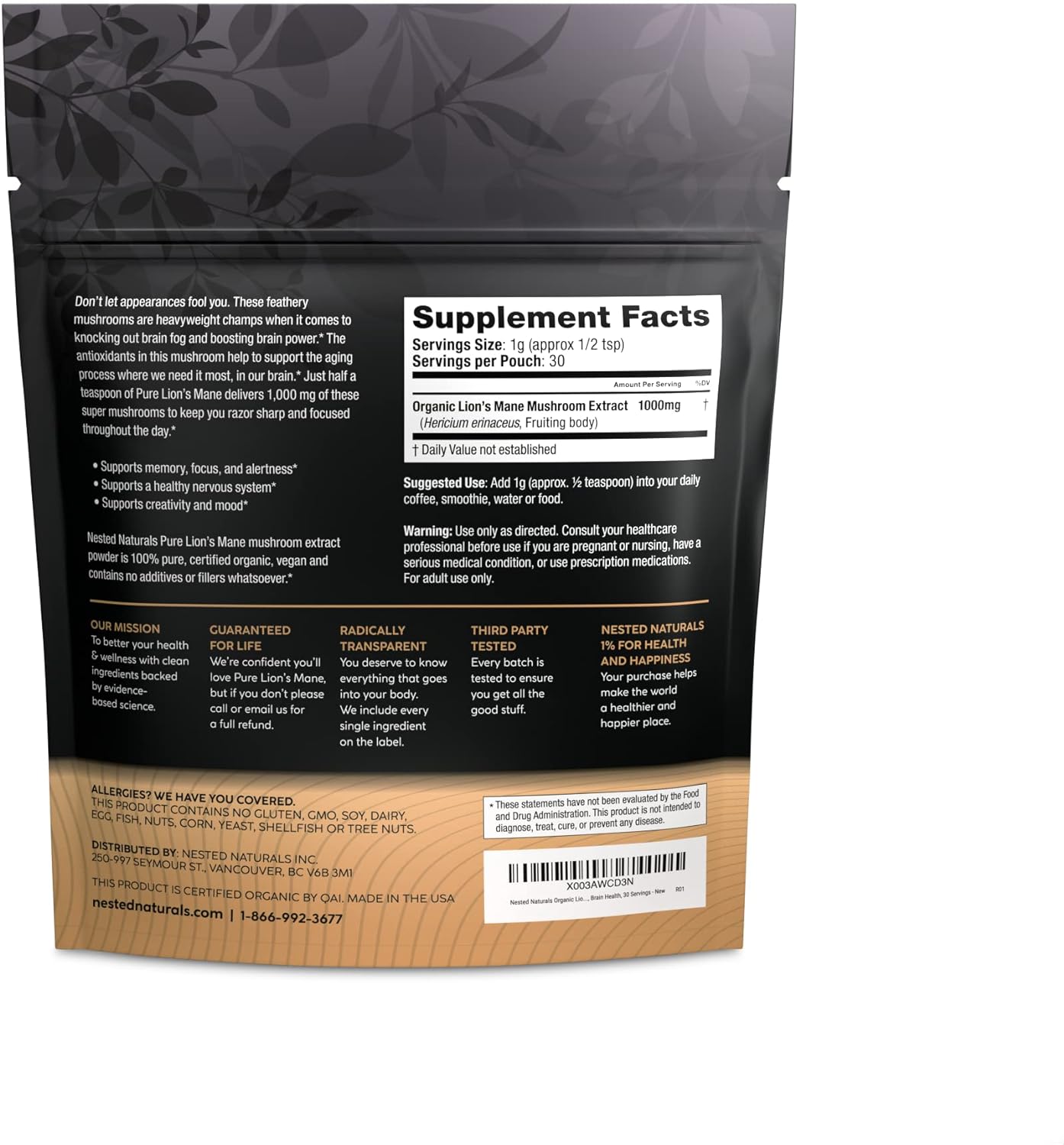 Nested Naturals Pure Lions Mane, 100% Lions Mane Mushroom Extract Powder Supplement, USDA Organic, Support Brain Power, Focus, Memory, Mood, Vegan, Gluten Free (30 Servings) : Health & Household