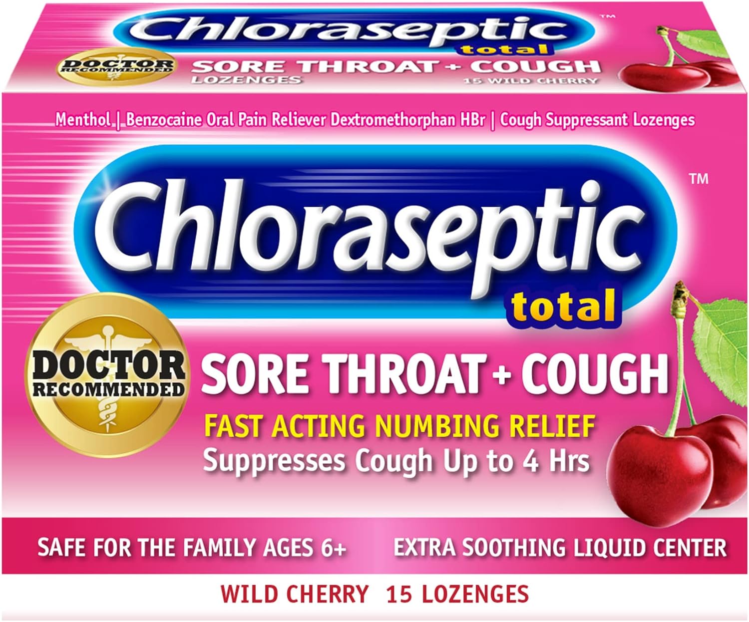 Chloraseptic Total Sore Throat + Cough Lozenges, Wild Cherry, 15 Count, 1 Pack