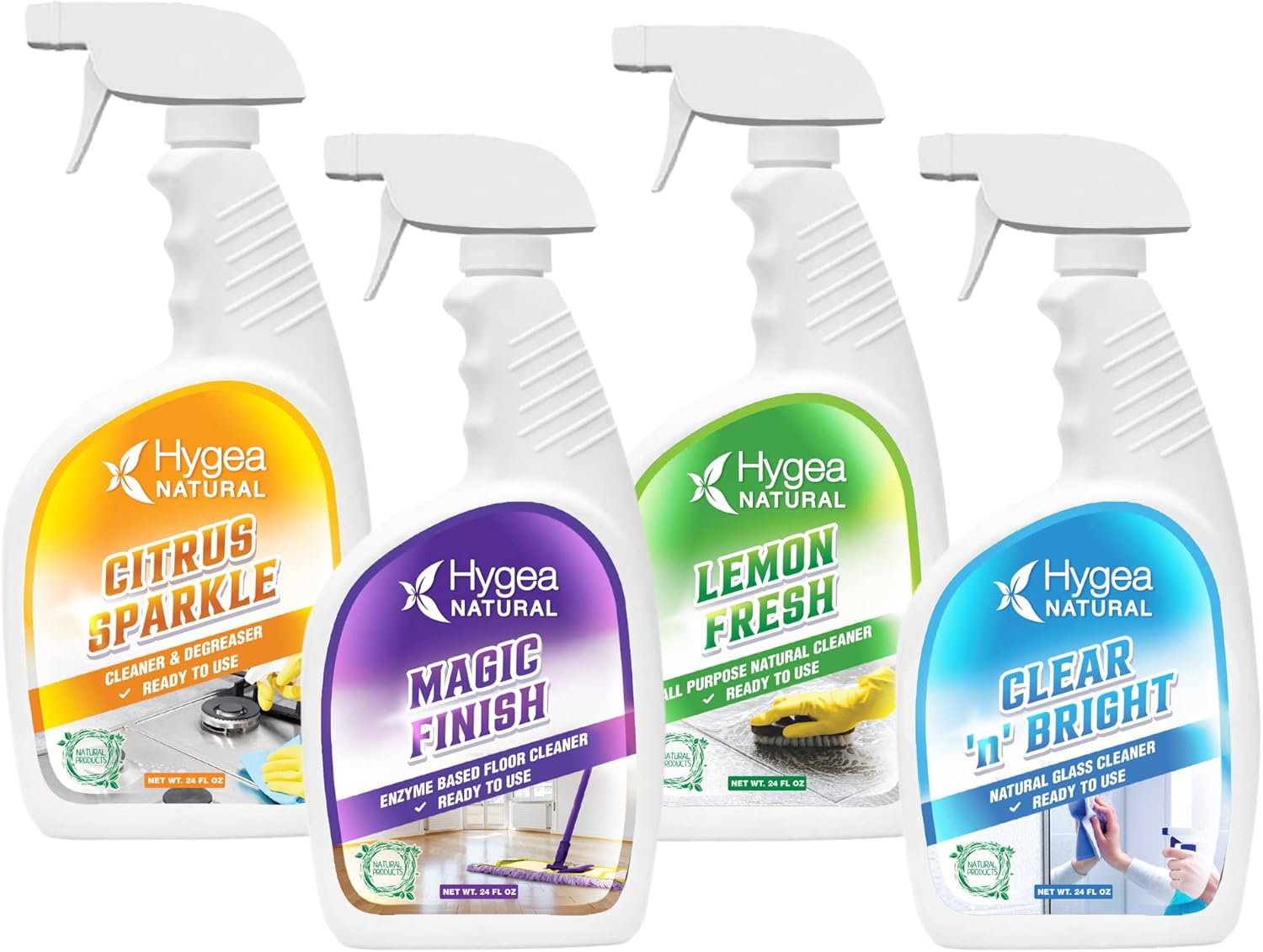Ready To Use Cleaning Starter Kit - 24 Oz - Eco-Friendly Household Cleaners - Degreaser, All Purpose Cleaner, Glass Cleaner, & Floor Polish - Kids & Pets Friendly (4 Pack)