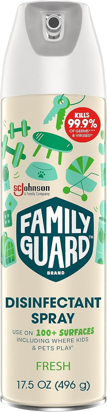 Family Guard Brand Disinfectant Spray Aerosol, Antibacterial & Sanitizing Spray, Use On 100+ Surfaces Including Where Kids & Pets Play, Fresh Scent, 17.5 Oz (Pack Of 1)