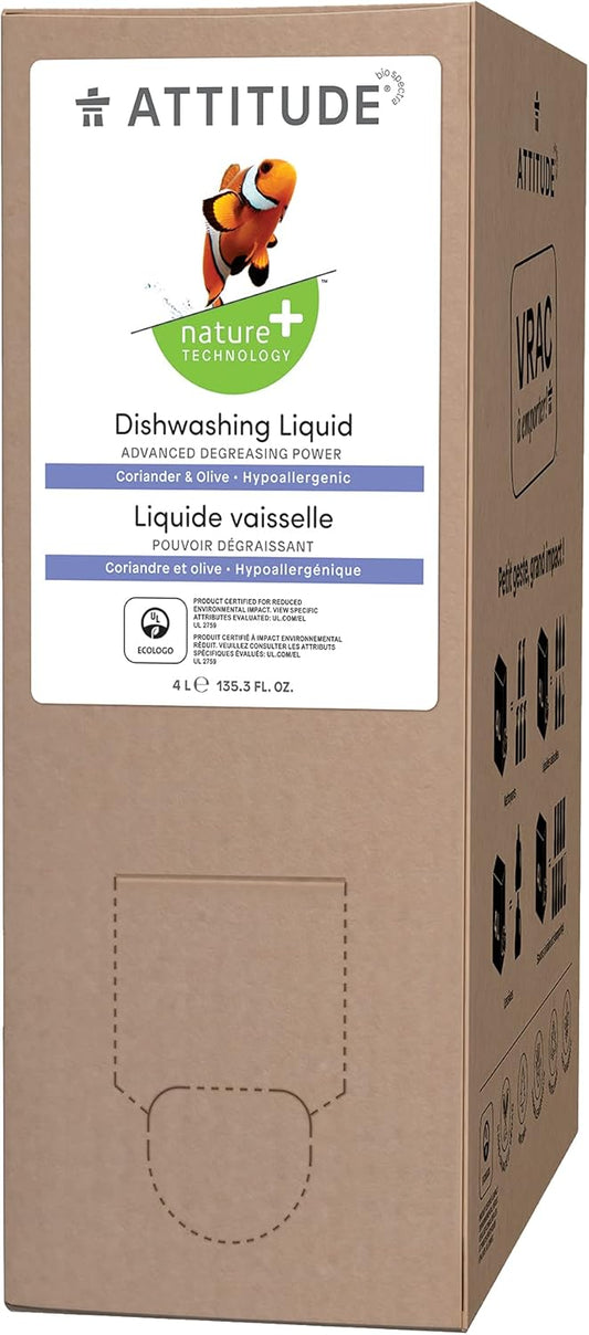 Attitude Dishwashing Liquid, Ewg Verified, Vegan Dish Soap, Plant Based, Naturally Derived Products, Olive And Coriander, Bulk Refill, 135.3 Fl Oz (Pack Of 2)