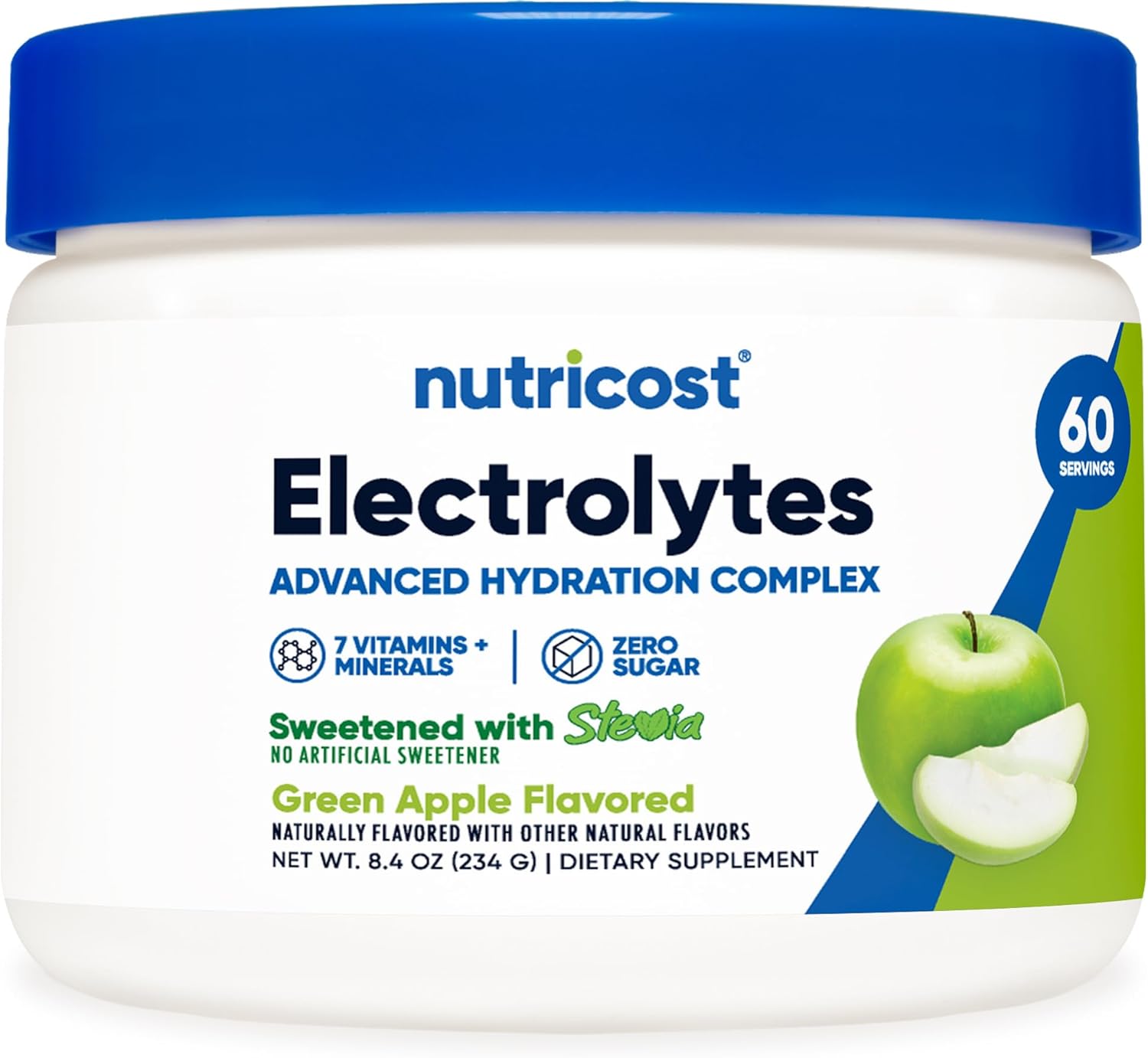 Nutricost Electrolyte Complex Drink Mix Powder (Green Apple, 60 Servings) - No Sugar Added, Sweetened with Stevia, New & Improved Formula with 7 Vitamins + Minerals for Ultimate Hydration