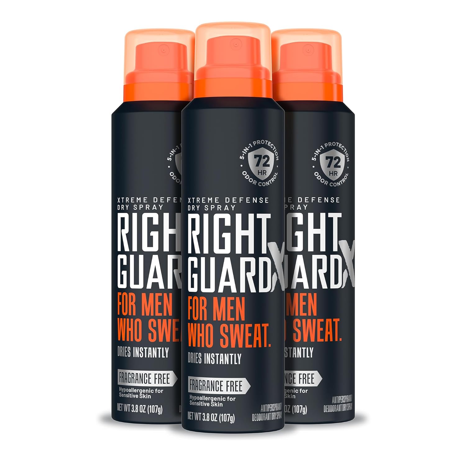 Right Guard Xtreme Defense Antiperspirant & Deodorant Spray | 5-in-1 Protection Dry Spray Deodorant For Men | Blocks Sweat 2X Longer | 72-Hour Odor Control | Fragrance Free, 3.8 oz. (3 count)