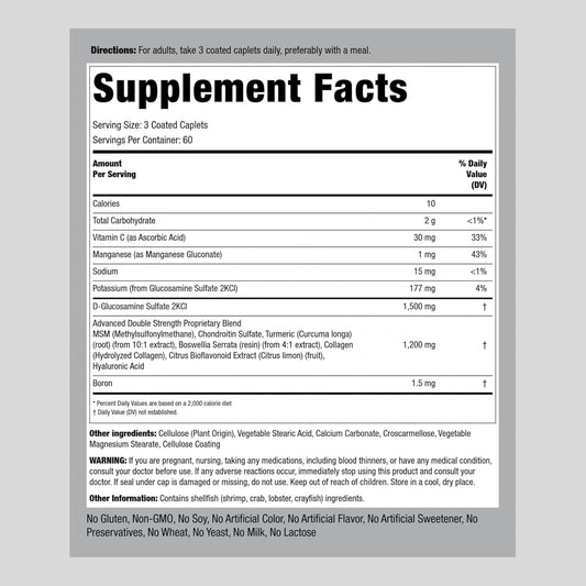 Piping Rock Glucosamine Chondroitin MSM Plus Turmeric | 180 Coated Caplets | Advanced Double Strength | Non-GMO, Gluten Free