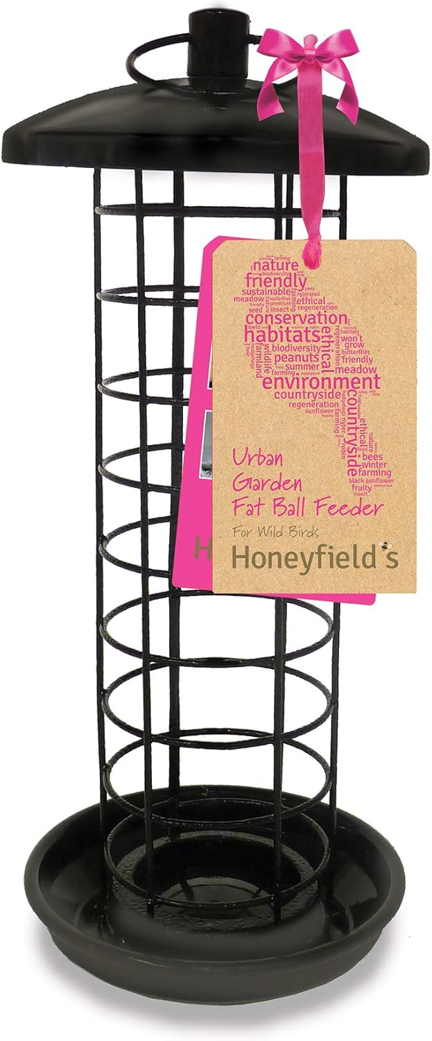 Honeyfields Hanging Wild Bird Fat ball feeder, Urban Garden Design in Black & Metal for long lasting outdoor & garden use. Wild bird food feeder :Garden