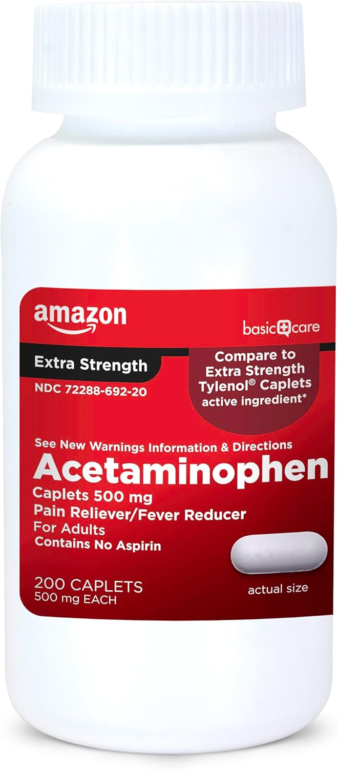 Amazon Basic Care Extra Strength Pain Relief, Acetaminophen Caplets, 500 Mg, 200 Count (Packaging May Vary)