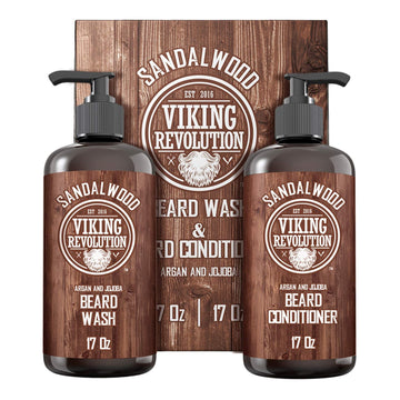 Viking Revolution Beard Wash & Beard Conditioner Set With Argan & Jojoba Oils - Softens And Strengthens - Natural Sandalwood Scent - Beard Shampoo With Beard Oil (17 Oz)