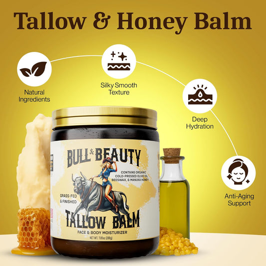 Bull & Beauty Organic Beef Tallow And Honey Balm 7.05Oz Organic Beef Tallow For Skin - 100% Grass-Fed Unscented Beef Tallow Moisturizer For Skin & Face With Manuka Honey, Olive Oil & Beeswax