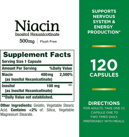 Nature'S Bounty Niacin 500Mg Flush Free, Cellular Energy Support, Supports Nervous System Health, 120 Capsules